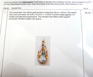 14ct Yellow Gold & AQUAMARINE Pendant, VAL $6,450