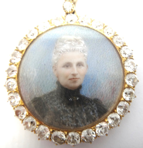 Rare ANTIQUE 18ct Gold, Diamond & Hand Painted Portrait Miniature Pendant - Larard Brothers/Ada Whiting