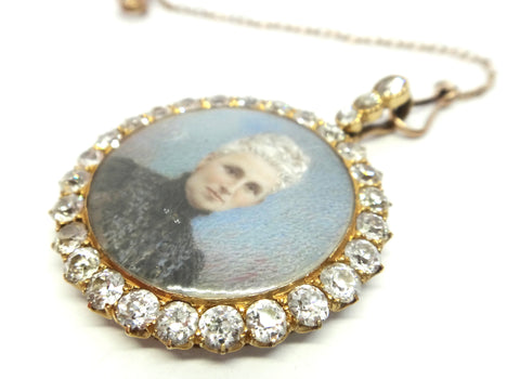 Rare ANTIQUE 18ct Gold, Diamond & Hand Painted Portrait Miniature Pendant - Larard Brothers/Ada Whiting