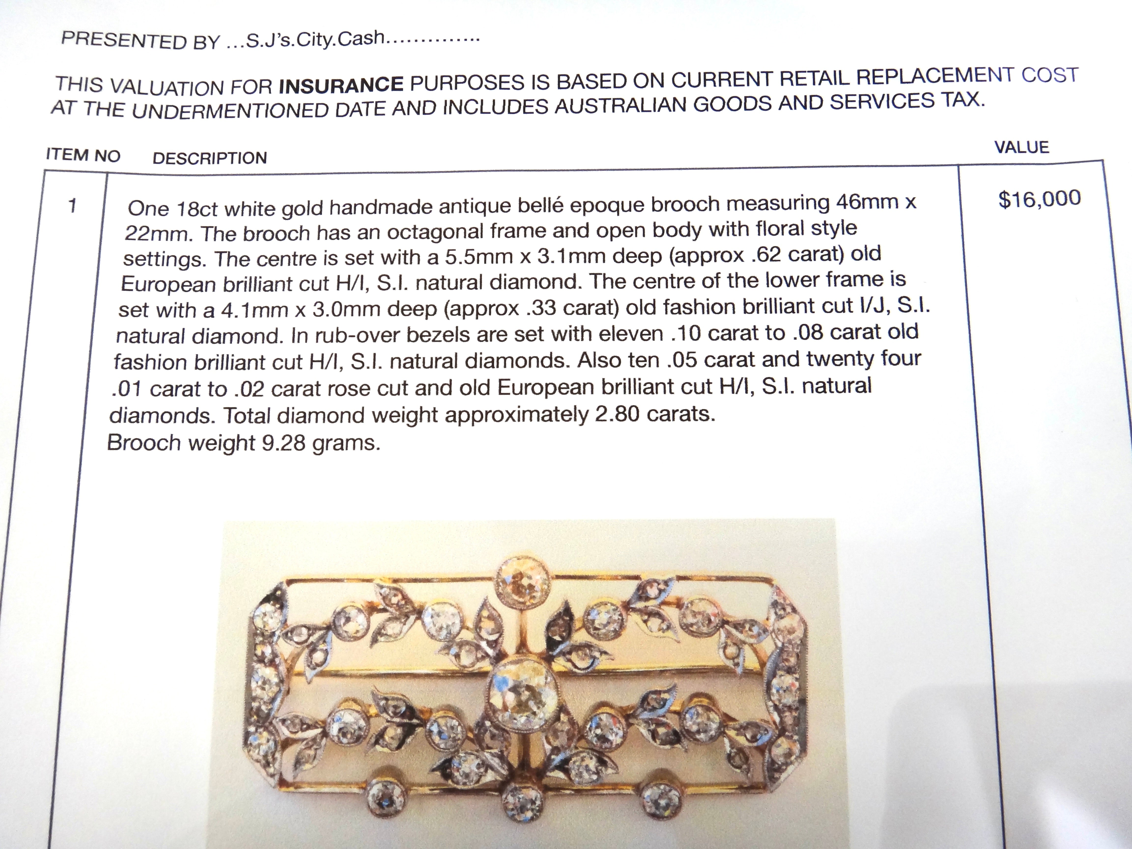ANTIQUE 18ct White Gold, Bellé Epoque DIAMOND Brooch VAL $16,000
