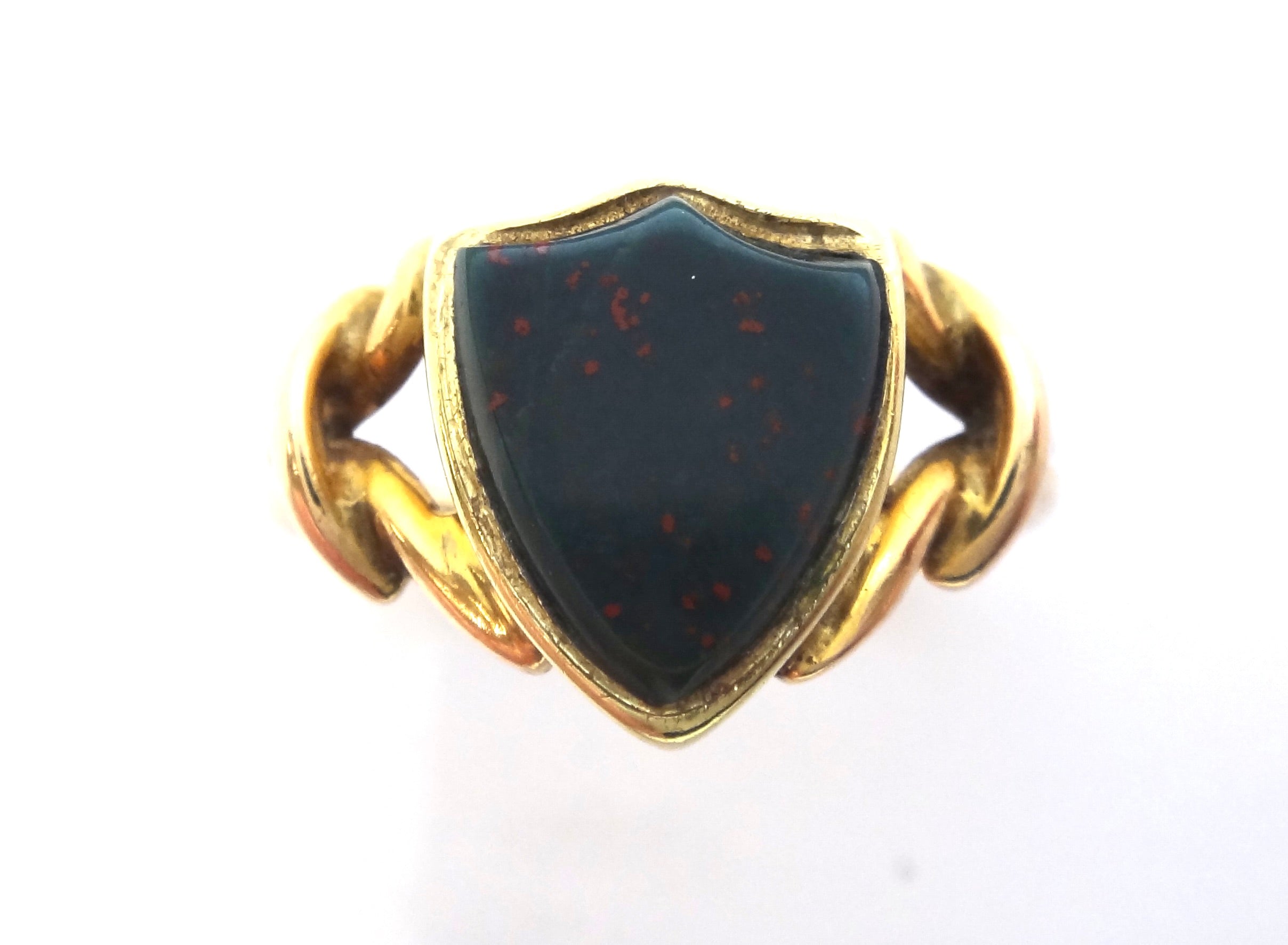 ANTIQUE 18ct Yellow Gold, Shield Shaped BLOODSTONE Remembrance Ring c.1900