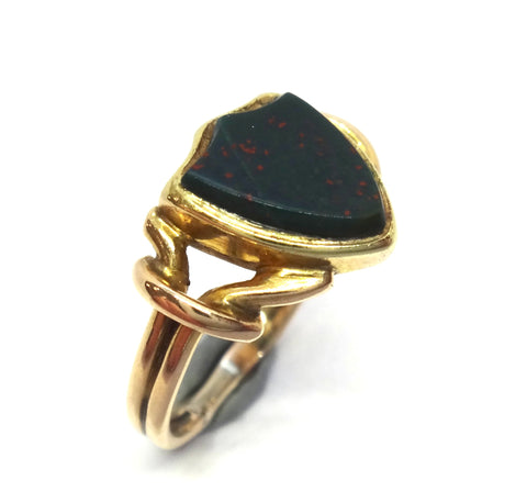 ANTIQUE 18ct Yellow Gold, Shield Shaped BLOODSTONE Remembrance Ring c.1900