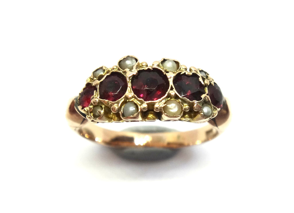 ANTIQUE 9ct Yellow Gold, Garnet & Pearl Ring c.1880