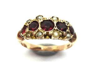 ANTIQUE 9ct Yellow Gold, Garnet & Pearl Ring c.1880