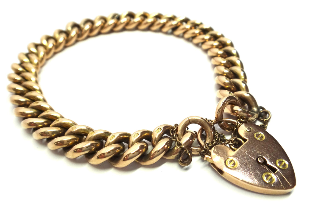 ANTIQUE 9ct Gold Curb Link Bracelet with Heart Padlock c.1900