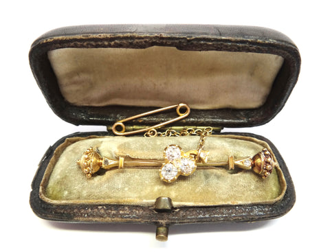 Boxed ANTIQUE 18ct Yellow Gold & Old Cut DIAMOND Brooch c.1860