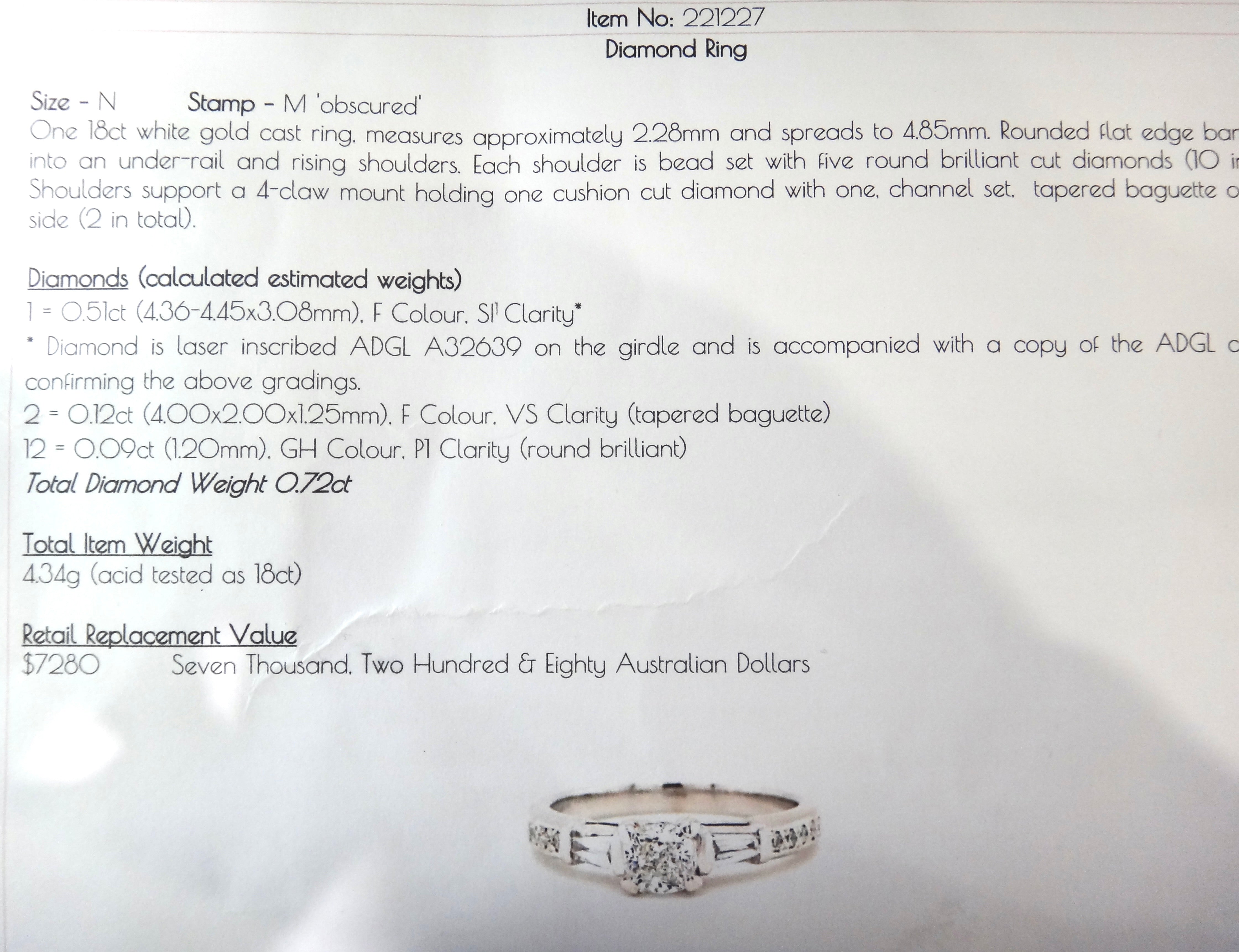 18ct White Gold, Cushion Cut DIAMOND Ring, VAL $7,280