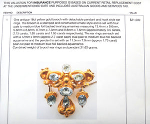 ANTIQUE 18ct Yellow Gold & AQUAMARINE Pendant, Brooch & Earrings VAL $21,500