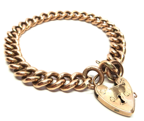 ANTIQUE 9ct Rose Gold Bracelet with Heart Padlock c.1900