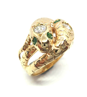 14ct Yellow Gold, Emerald & Diamond DOUBLE SNAKE Ring VAL $5,300