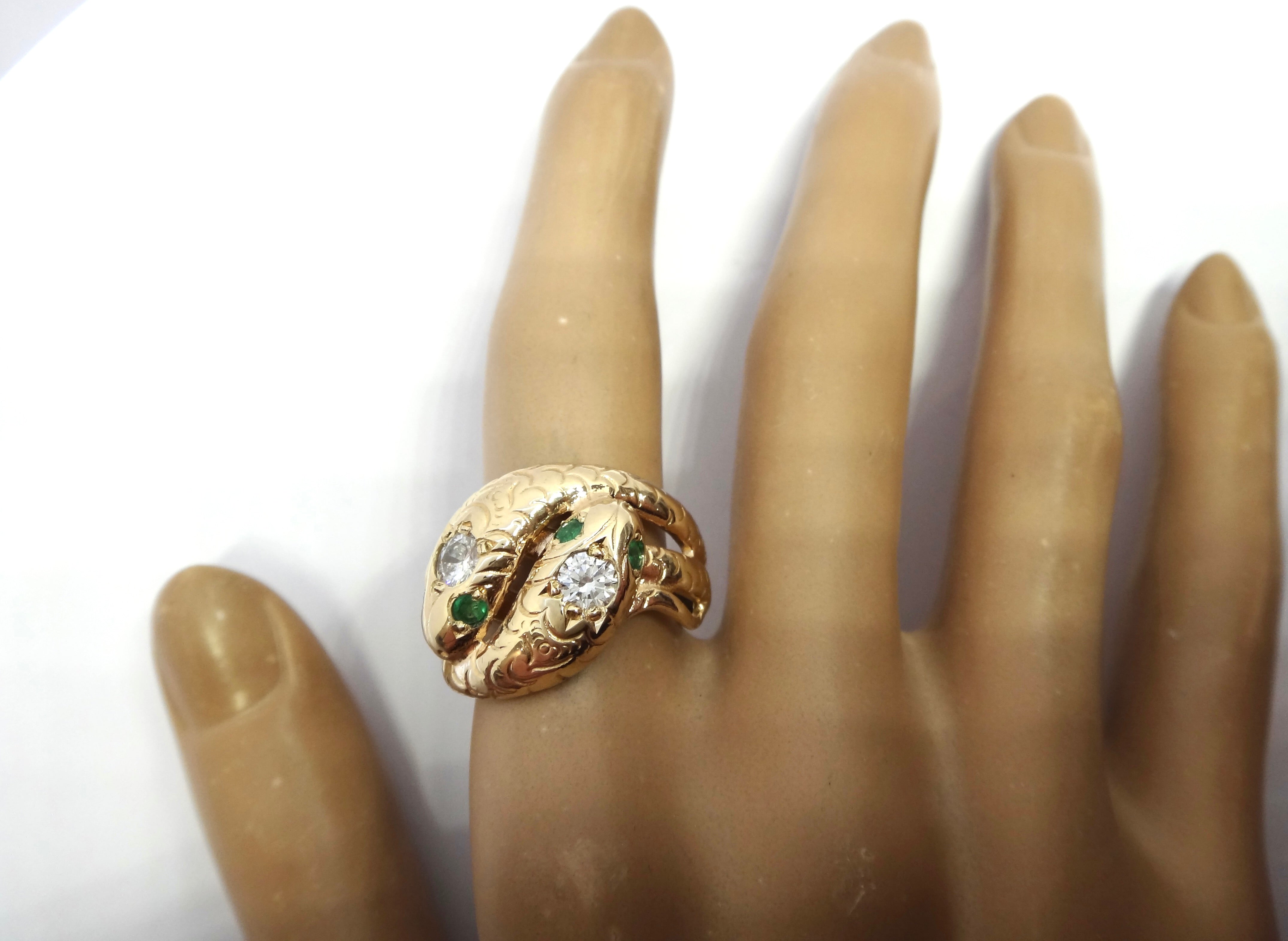 14ct Yellow Gold, Emerald & Diamond DOUBLE SNAKE Ring VAL $5,300