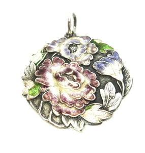 ANTIQUE Japanese Made Silver & Enamel Floral Pendant c.1890