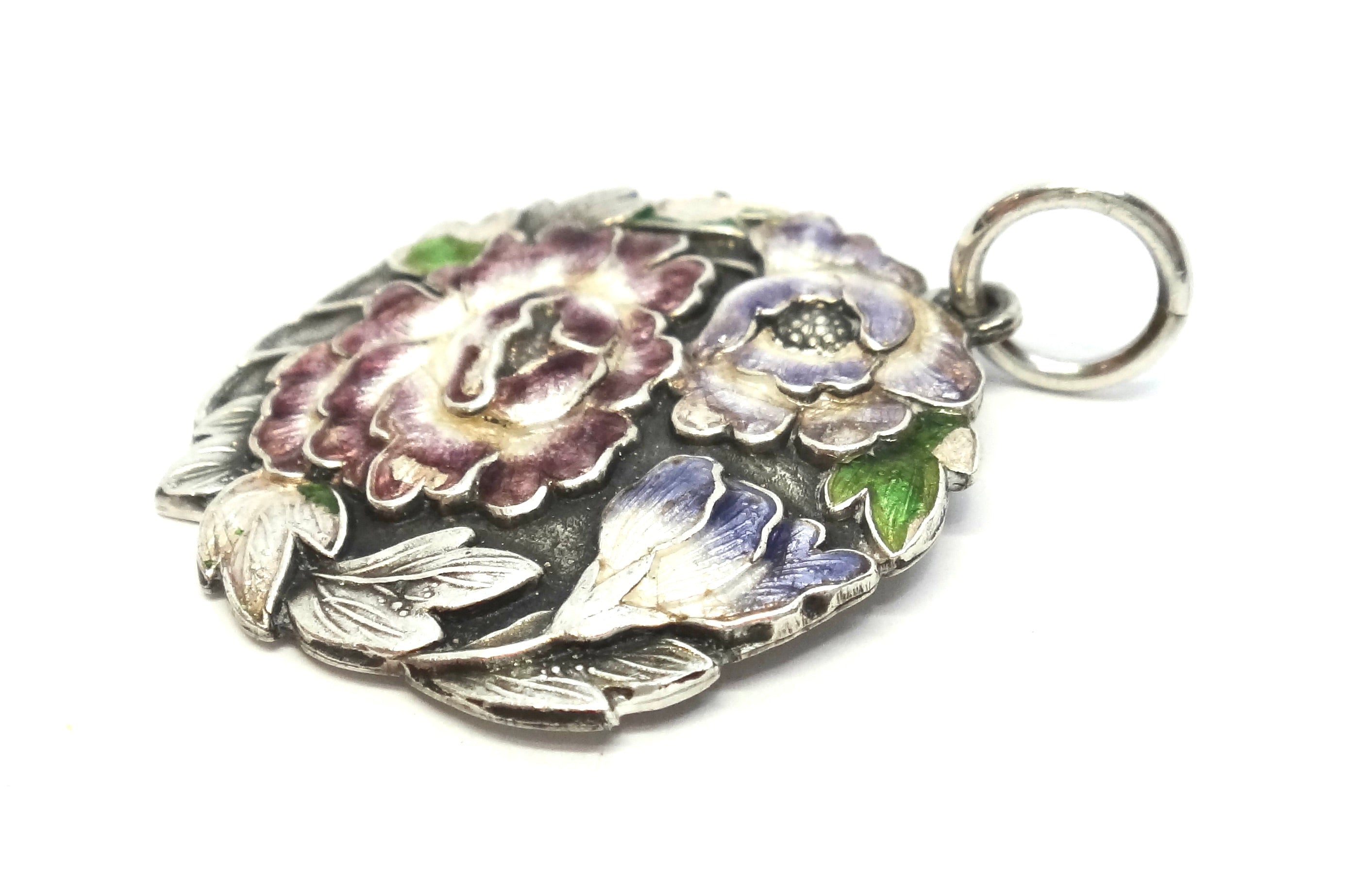 ANTIQUE Japanese Made Silver & Enamel Floral Pendant c.1890