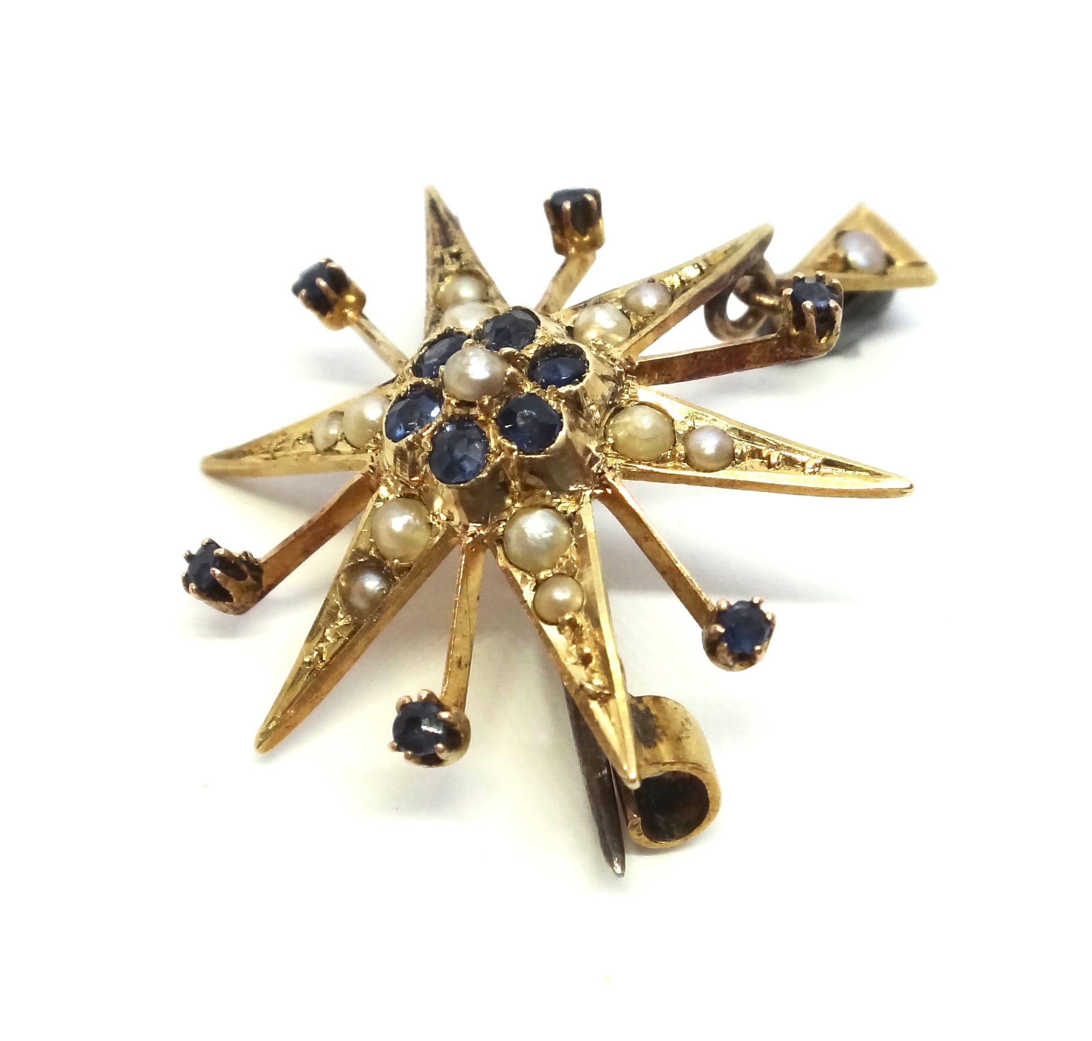 Australian Made ANTIQUE 15ct Yellow GOLD, Sapphire & Pearl Star Shaped Pendant/Brooch