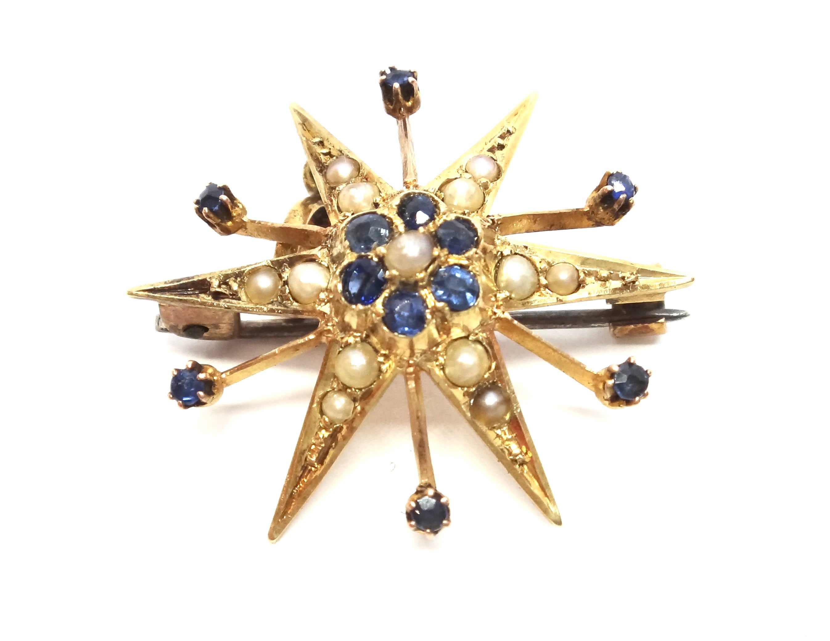 Australian Made ANTIQUE 15ct Yellow GOLD, Sapphire & Pearl Star Shaped Pendant/Brooch