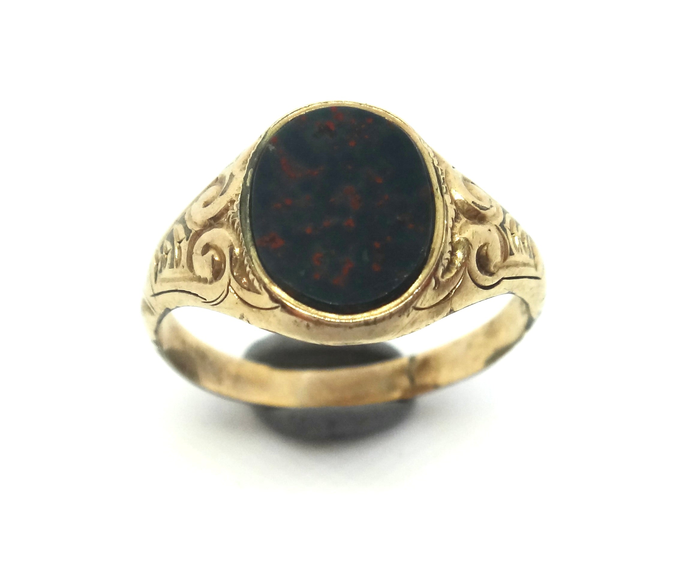 ANTIQUE 9ct Yellow GOLD & Bloodstone Signet Ring c.1920