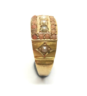 ANTIQUE 15ct Yellow GOLD, Coral & Pearl Ring - Birmingham 1887