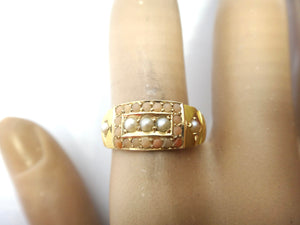 ANTIQUE 15ct Yellow GOLD, Coral & Pearl Ring - Birmingham 1887