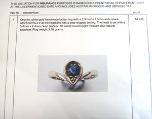 Handmade 9ct White GOLD & Sapphire, Pear Shaped Ring - VAL $4,430