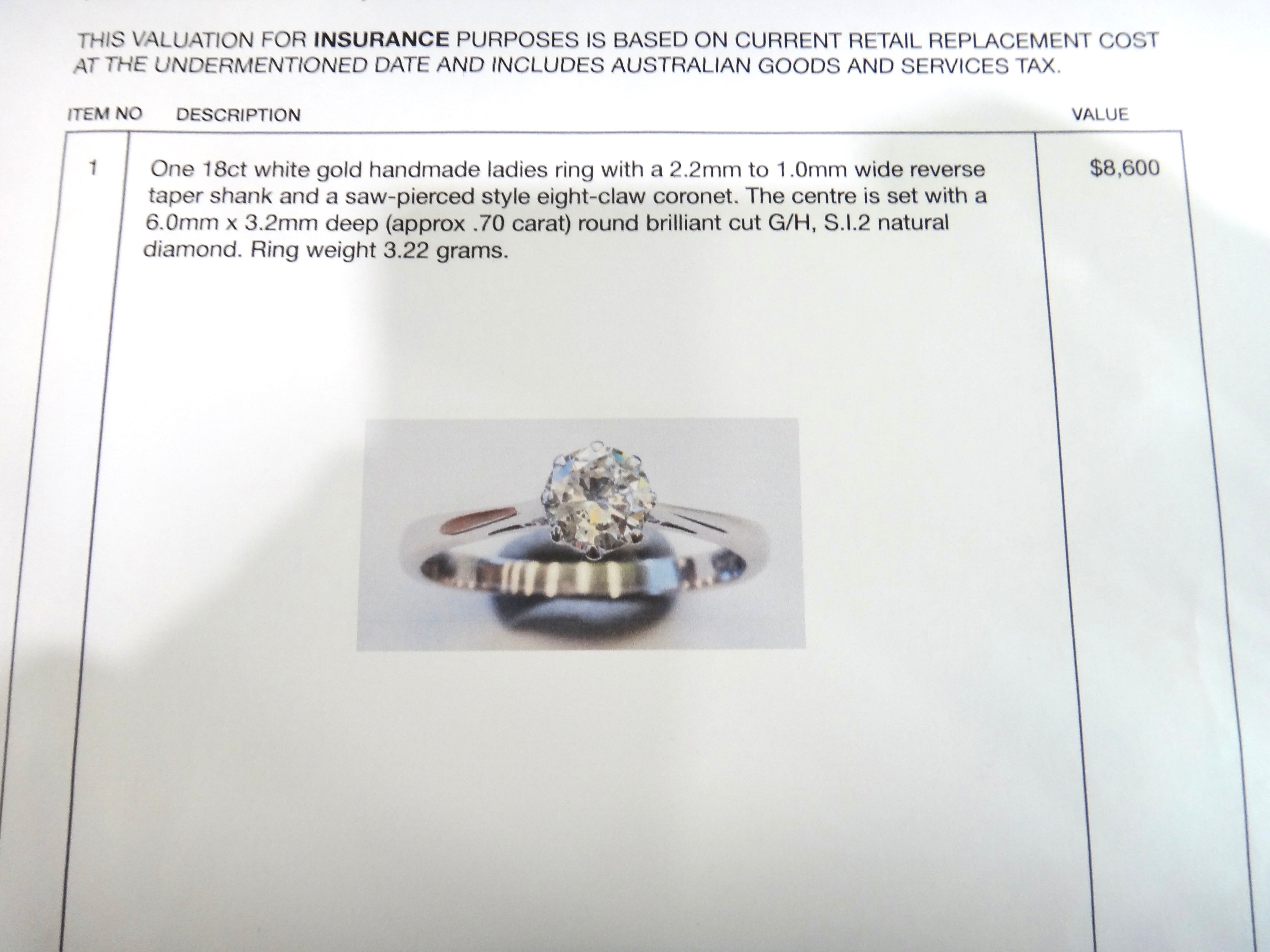 18ct White GOLD & Brilliant Cut DIAMOND Solitaire Ring - VAL $8,600