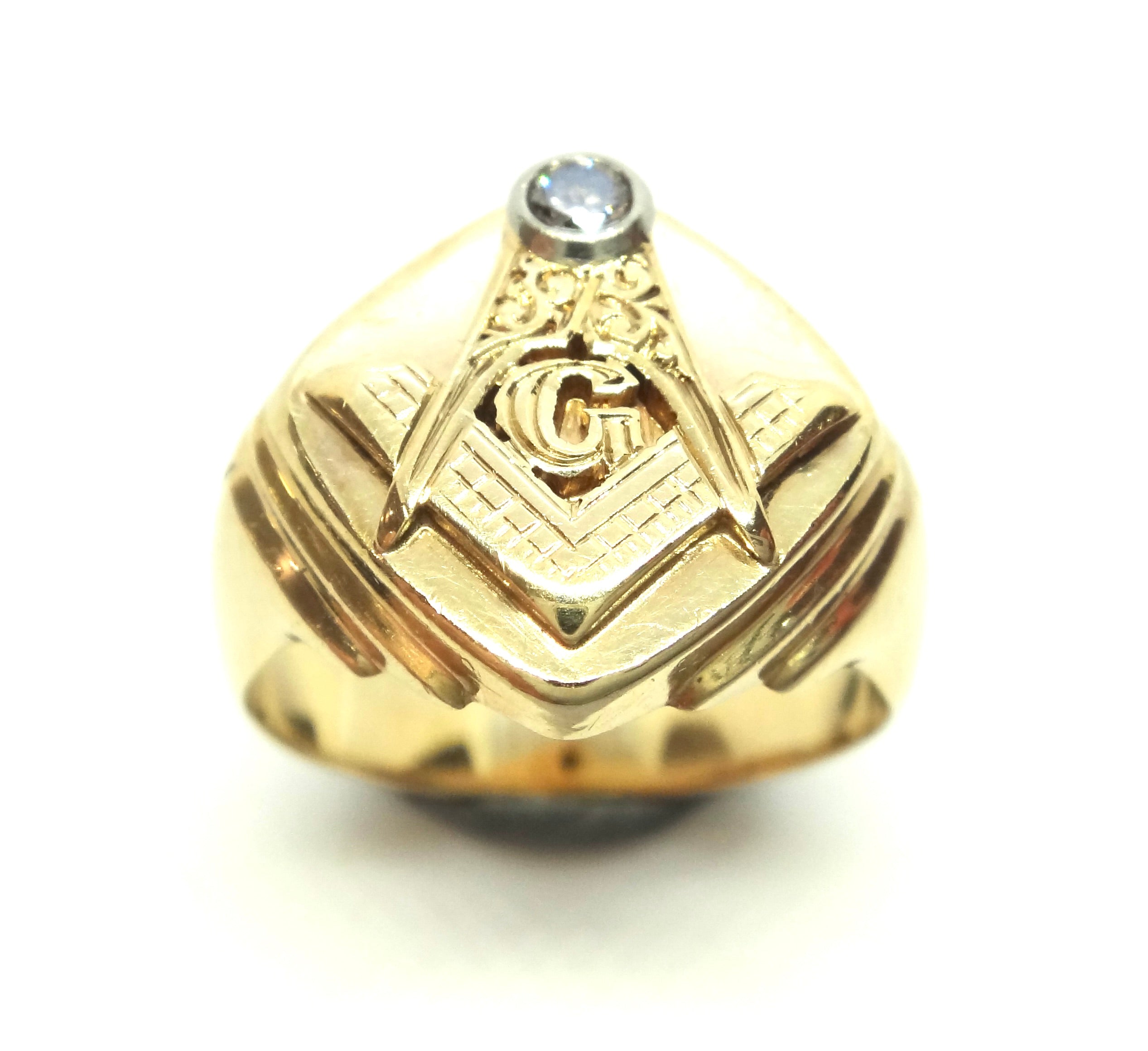 HEAVY 14ct Yellow GOLD & Diamond Masonic Ring c.1950