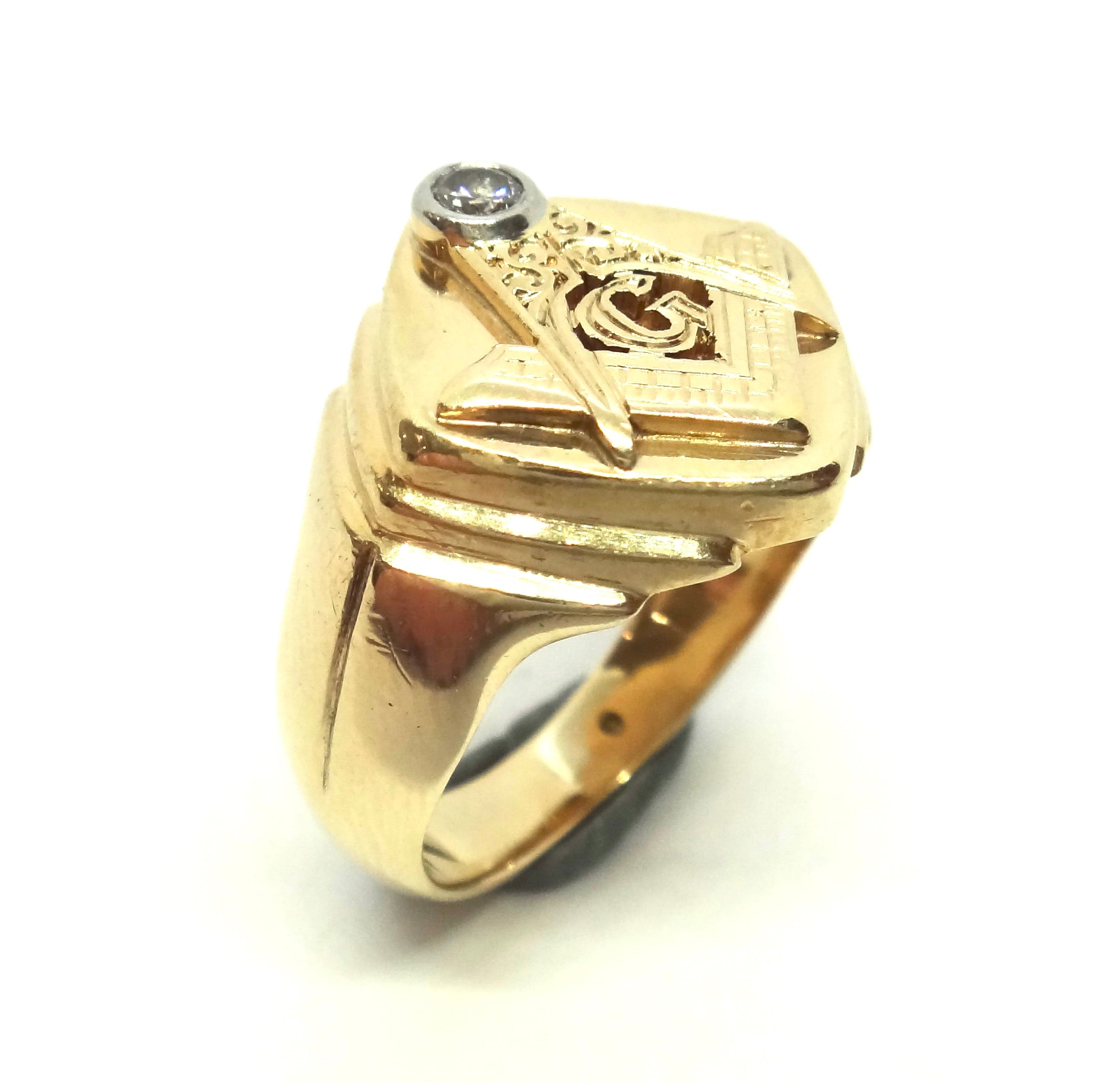HEAVY 14ct Yellow GOLD & Diamond Masonic Ring c.1950