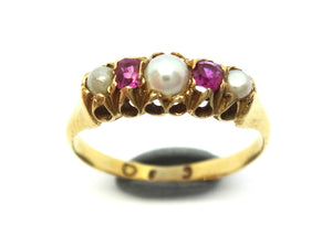 ANTIQUE 18ct Yellow Gold, PINK SAPPHIRE & Pearl Ring c.1900