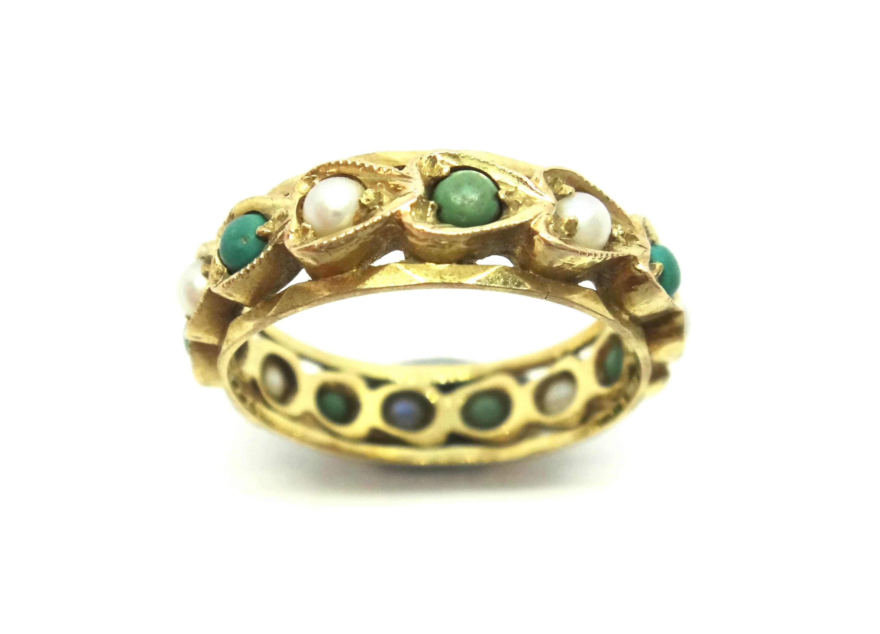 ANTIQUE Style 9ct Yellow Gold, Turquoise & Pearl Eternity Ring c.1970