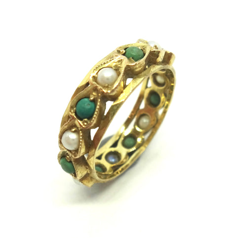 ANTIQUE Style 9ct Yellow Gold, Turquoise & Pearl Eternity Ring c.1970