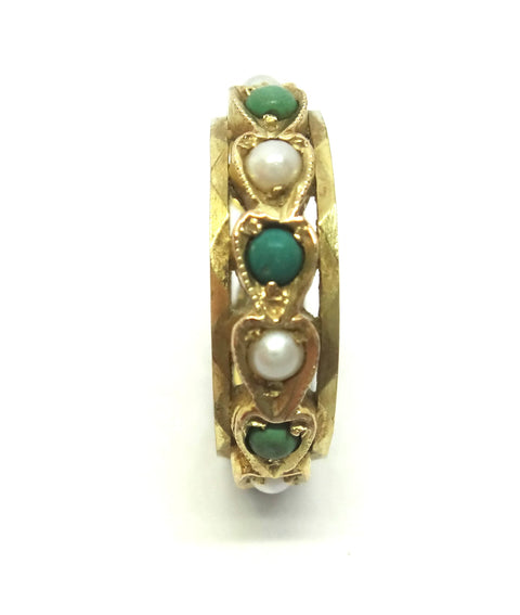 ANTIQUE Style 9ct Yellow Gold, Turquoise & Pearl Eternity Ring c.1970