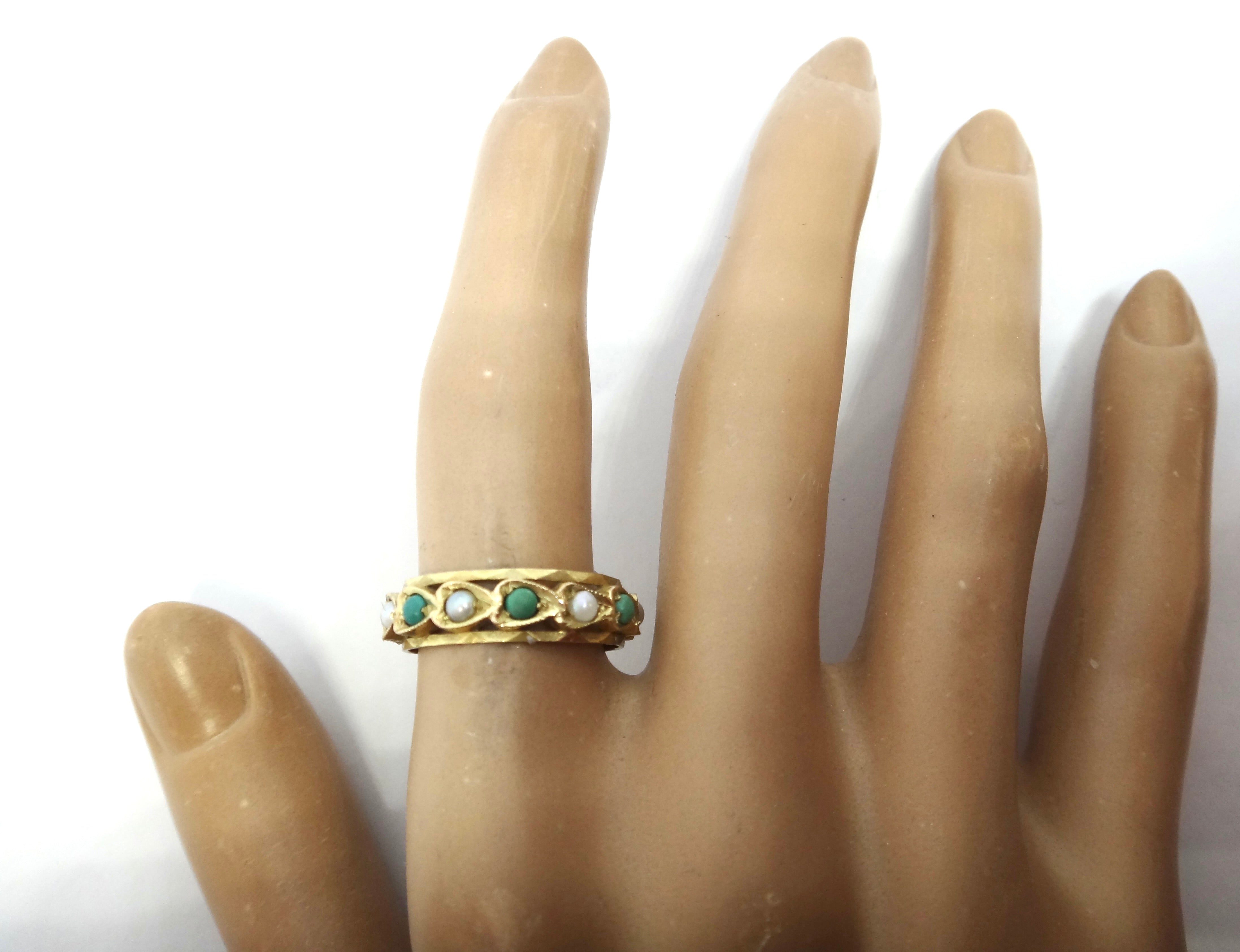 ANTIQUE Style 9ct Yellow Gold, Turquoise & Pearl Eternity Ring c.1970