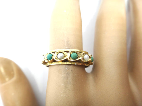 ANTIQUE Style 9ct Yellow Gold, Turquoise & Pearl Eternity Ring c.1970