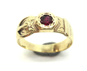 ANTIQUE 9ct Yellow GOLD & Garnet Buckle Ring c.1900