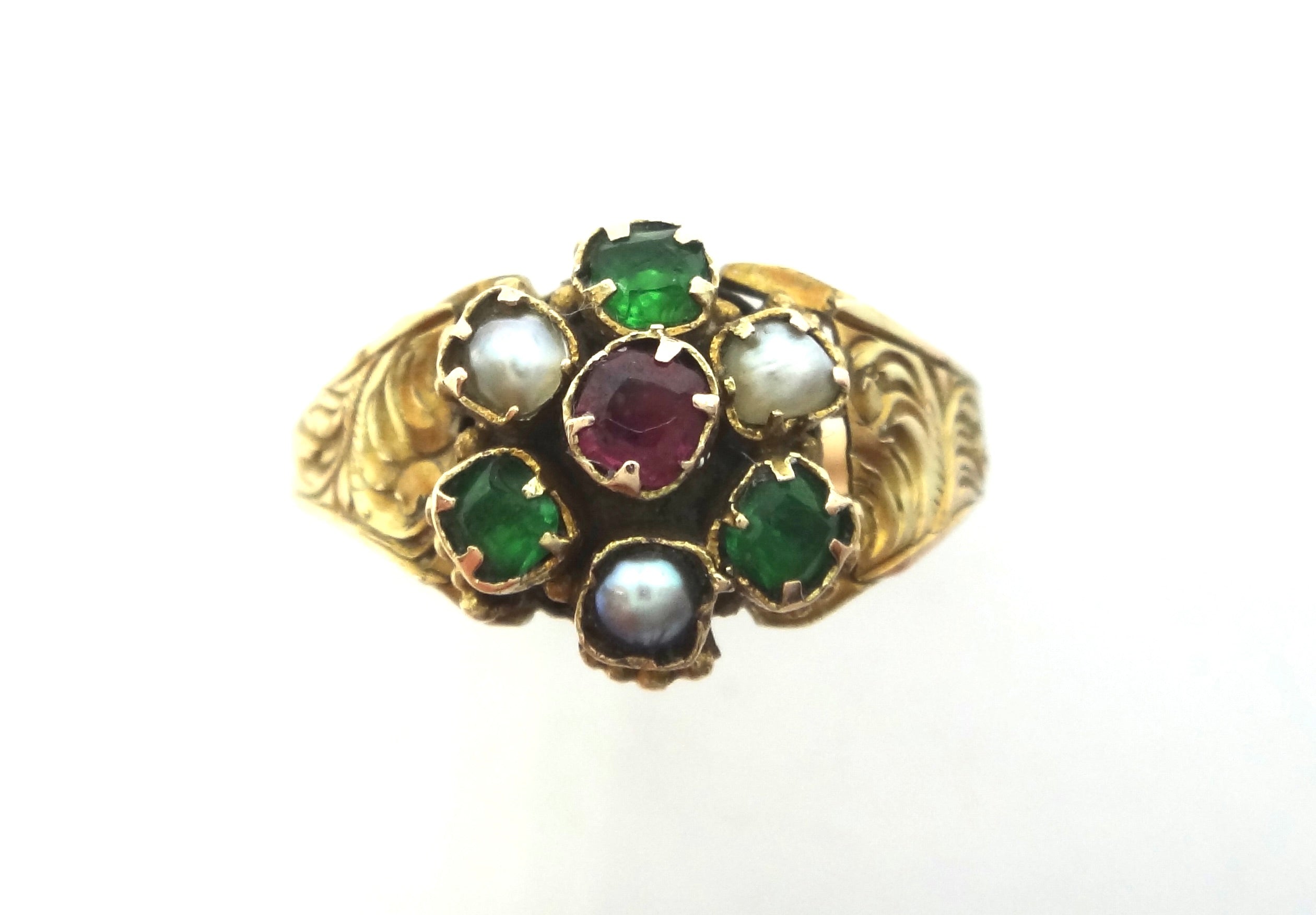 ANTIQUE 18ct Yellow GOLD, Pearl & Tourmaline Ring c.1870