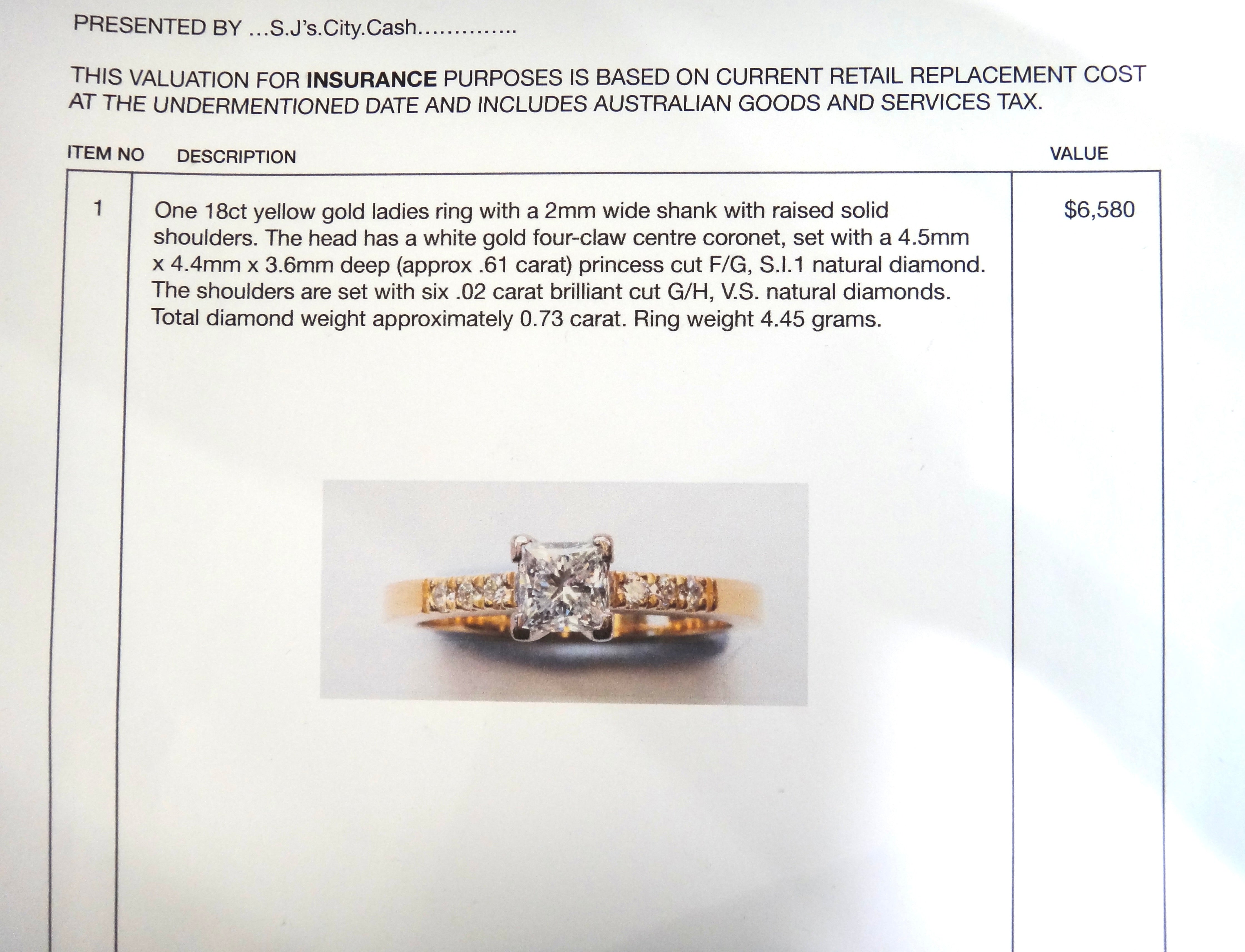 18ct Yellow GOLD & Princess Cut DIAMOND Ring, VAL $6,580