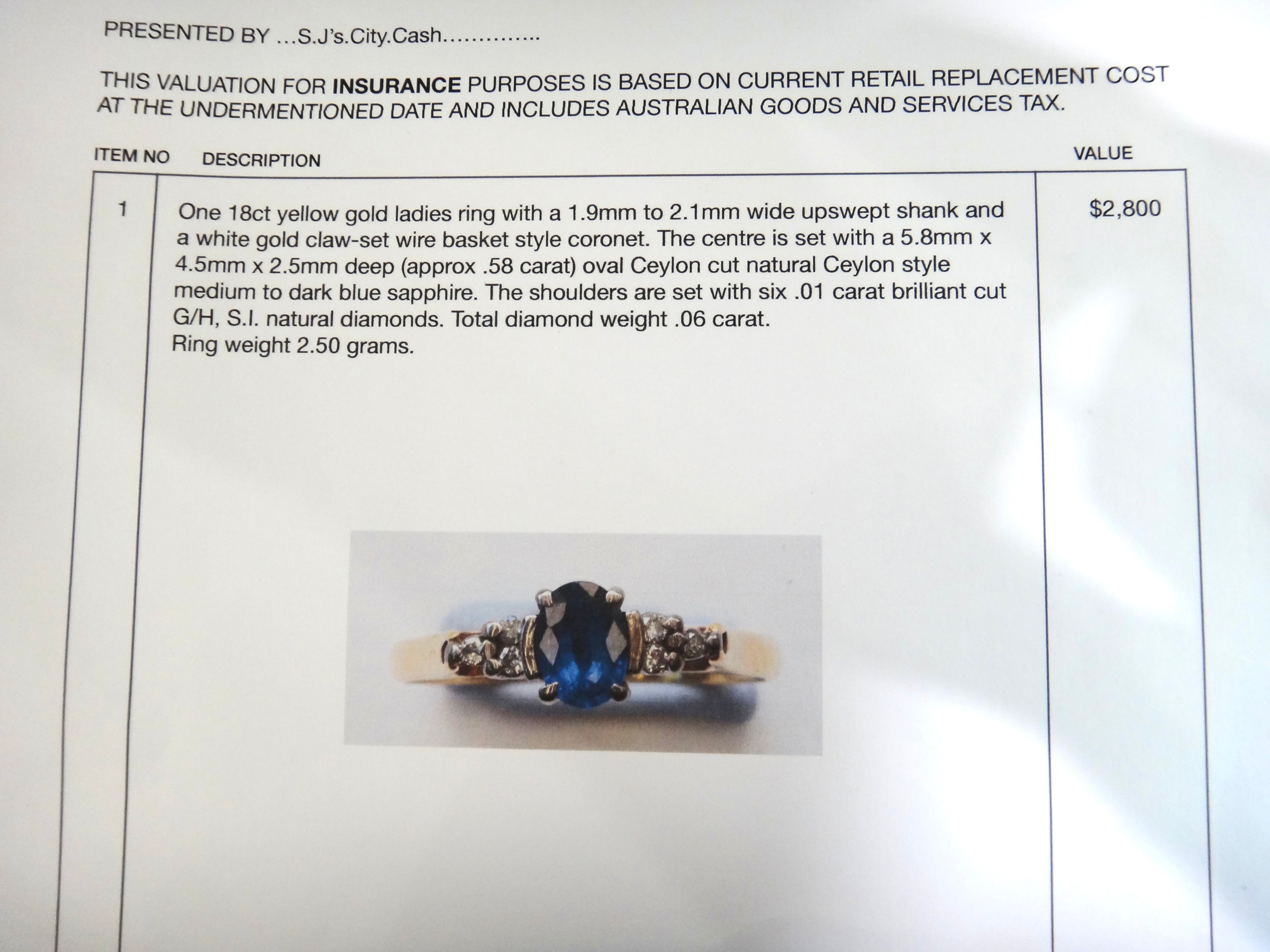 18ct Yellow Gold, CEYLON SAPPHIRE & Diamond Ring, VAL $2,800