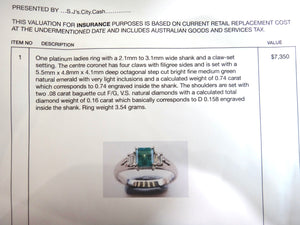 Platinum, EMERALD & Diamond Ring, VAL $7,350