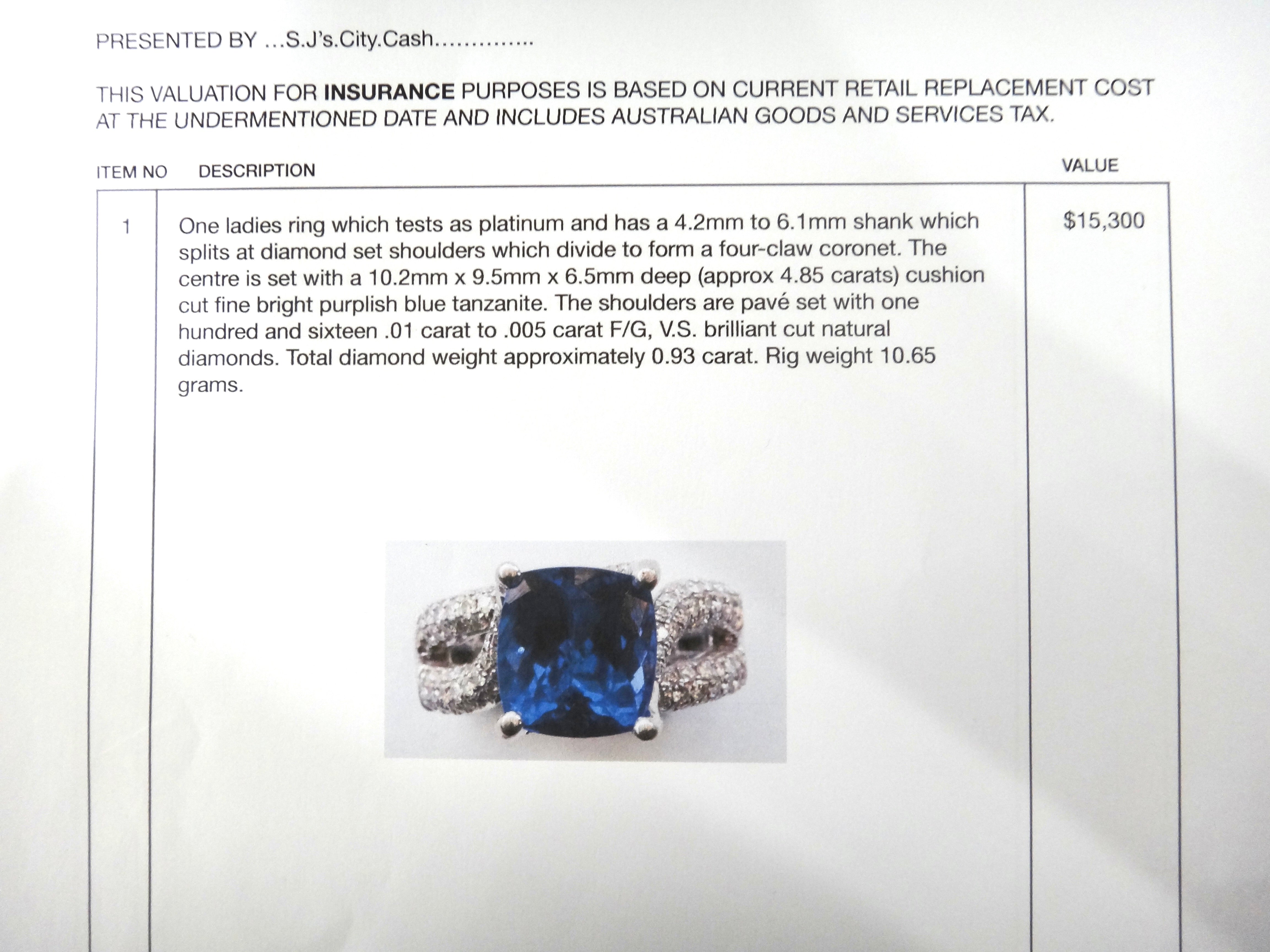 Platinum, Tanzanite & Diamond Ring VAL $15,300