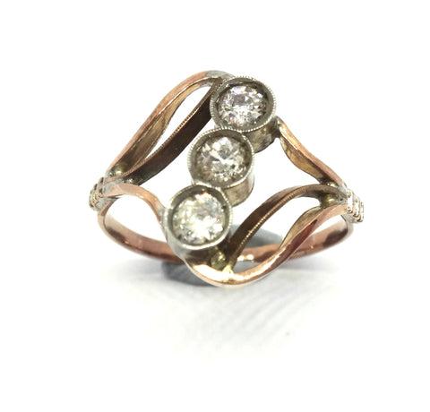 ANTIQUE 9ct Rose Gold & 3 Stone Diamond Ring c.1920 - VAL $2,600