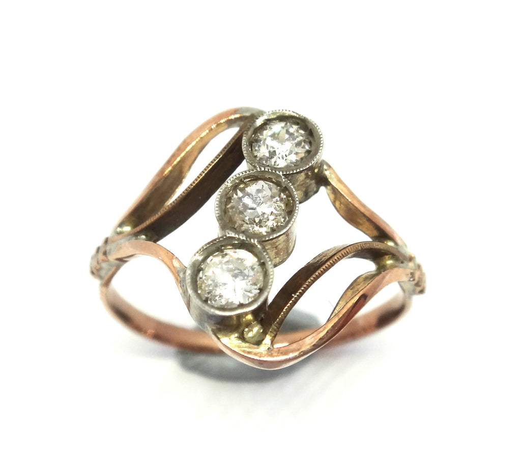 ANTIQUE 9ct Rose Gold & 3 Stone Diamond Ring c.1920 - VAL $2,600