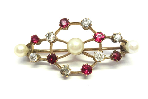 ANTIQUE 15ct Yellow Gold, RUBY, Diamond & Pearl Brooch - VAL $4,100