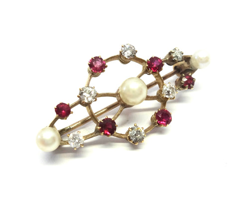 ANTIQUE 15ct Yellow Gold, RUBY, Diamond & Pearl Brooch - VAL $4,100