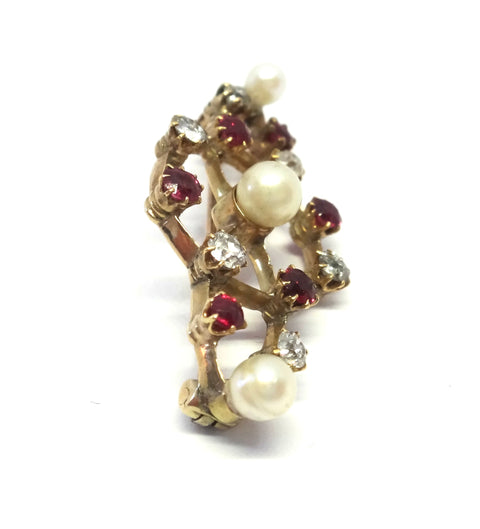 ANTIQUE 15ct Yellow Gold, RUBY, Diamond & Pearl Brooch - VAL $4,100