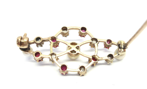 ANTIQUE 15ct Yellow Gold, RUBY, Diamond & Pearl Brooch - VAL $4,100