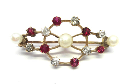 ANTIQUE 15ct Yellow Gold, RUBY, Diamond & Pearl Brooch - VAL $4,100