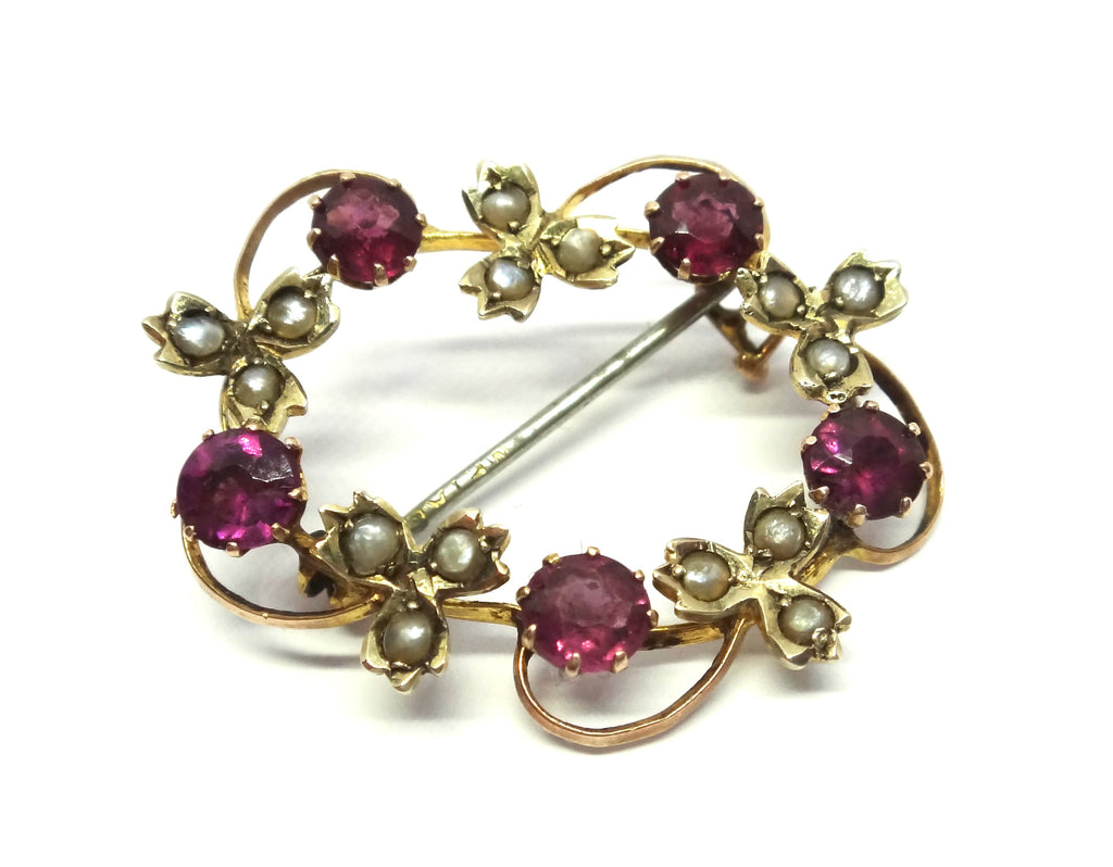 ANTIQUE 9ct Gold, Rhodolite Garnet & Pearl Brooch