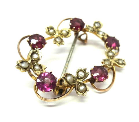 ANTIQUE 9ct Gold, Rhodolite Garnet & Pearl Brooch