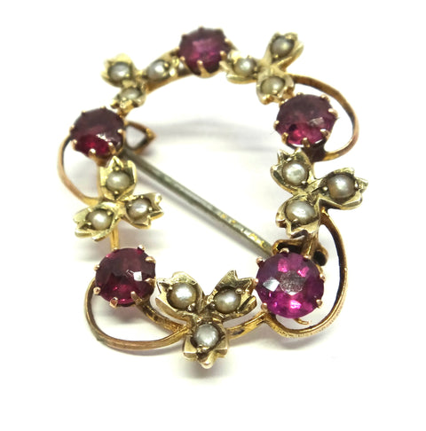 ANTIQUE 9ct Gold, Rhodolite Garnet & Pearl Brooch