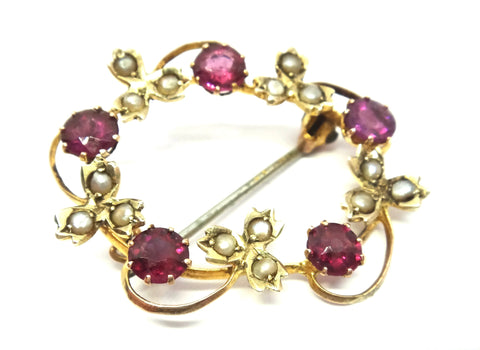 ANTIQUE 9ct Gold, Rhodolite Garnet & Pearl Brooch