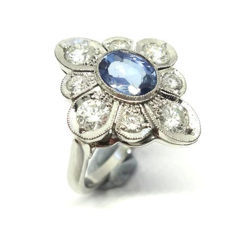 BRAND NEW Handmade Platinum, Sapphire & Diamond Daisy Ring - VAL $18,000